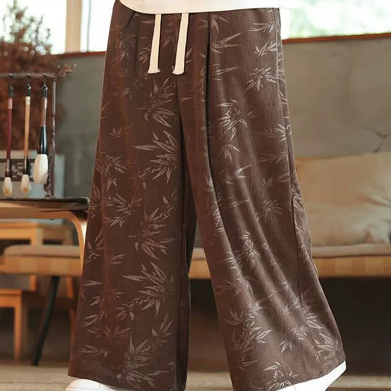 Bamboo Leaves Corduroy Drawstring Cotton Men's Wide Leg Pants With Pockets