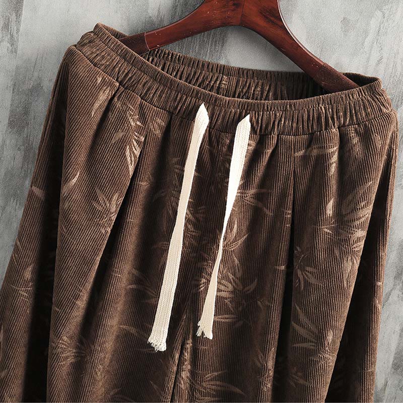 Bamboo Leaves Corduroy Drawstring Cotton Men's Wide Leg Pants With Pockets