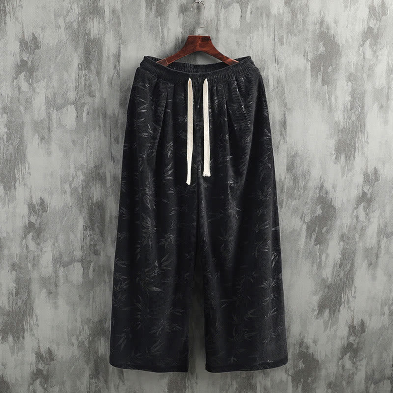 Bamboo Leaves Corduroy Drawstring Cotton Men's Wide Leg Pants With Pockets