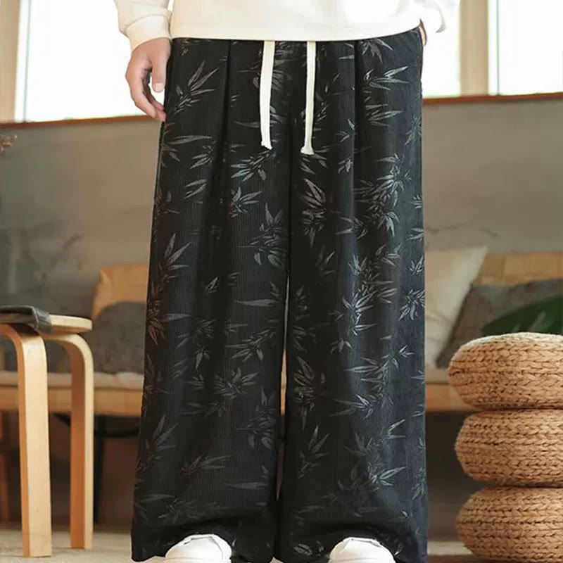 Bamboo Leaves Corduroy Drawstring Cotton Men's Wide Leg Pants With Pockets