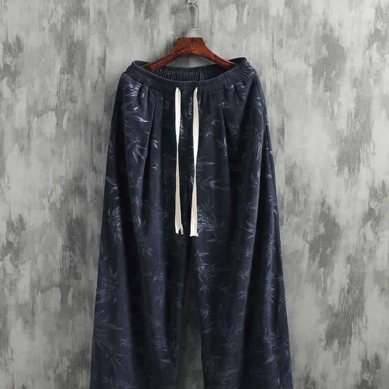 Bamboo Leaves Corduroy Drawstring Cotton Men's Wide Leg Pants With Pockets