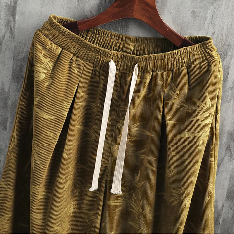 Bamboo Leaves Corduroy Drawstring Cotton Men's Wide Leg Pants With Pockets