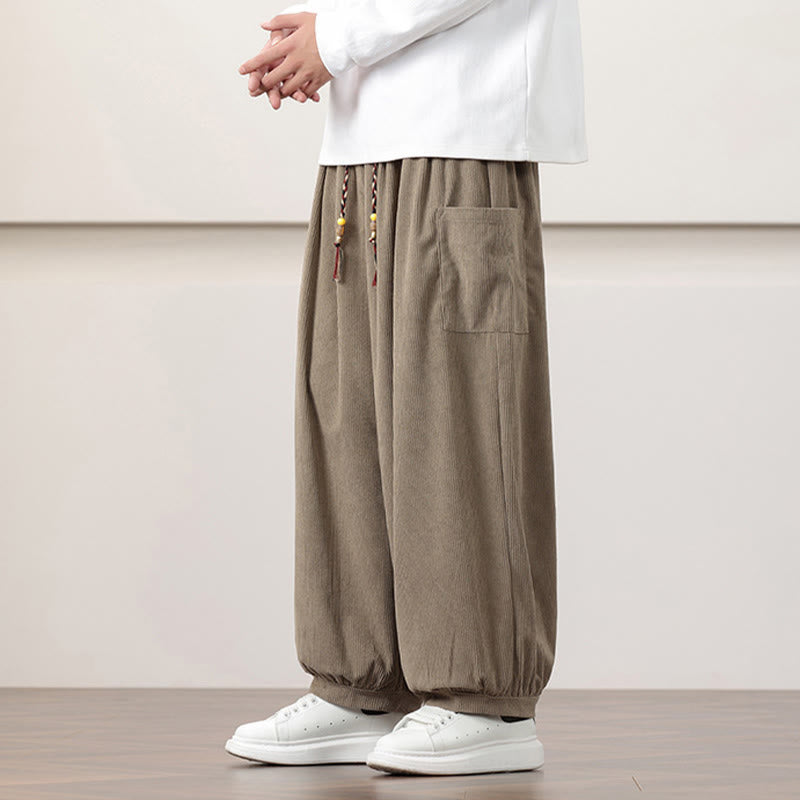 Solid Color Corduroy Drawstring Men's Harem Pants With Pockets