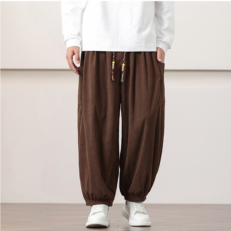 Solid Color Corduroy Drawstring Men's Harem Pants With Pockets