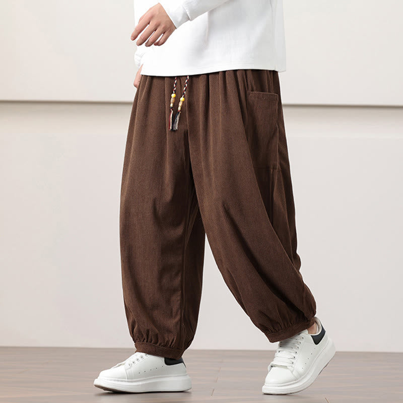 Solid Color Corduroy Drawstring Men's Harem Pants With Pockets