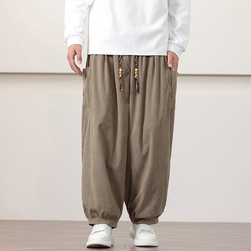 Solid Color Corduroy Drawstring Men's Harem Pants With Pockets