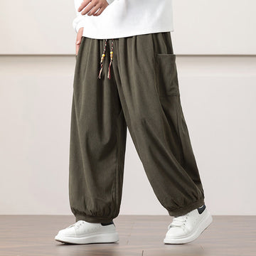 Solid Color Corduroy Drawstring Men's Harem Pants With Pockets