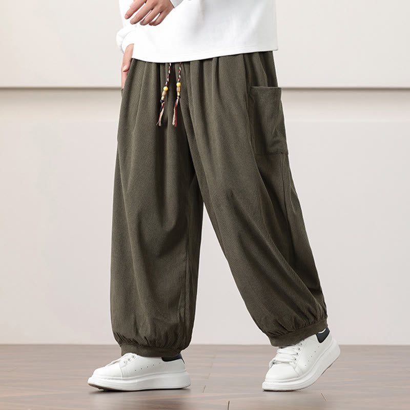 Solid Color Corduroy Drawstring Men's Harem Pants With Pockets