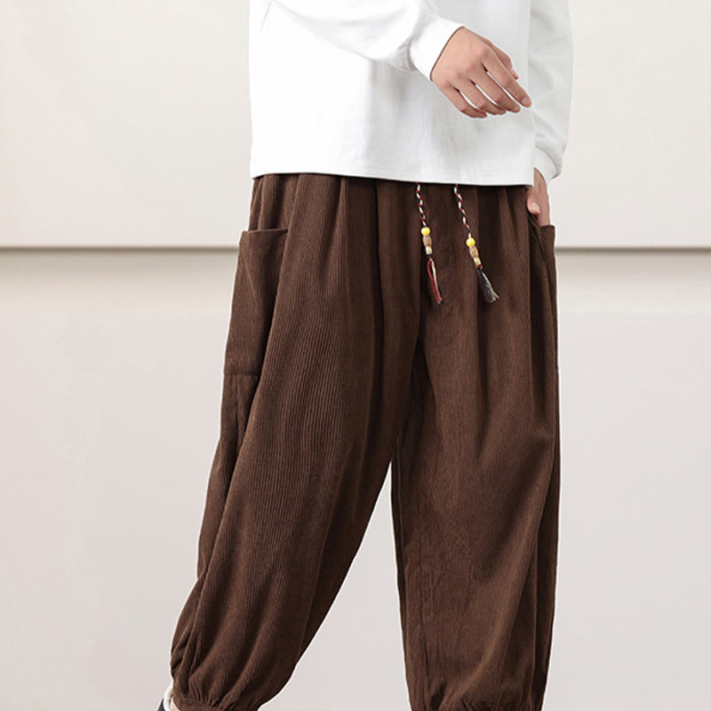 Solid Color Corduroy Drawstring Men's Harem Pants With Pockets