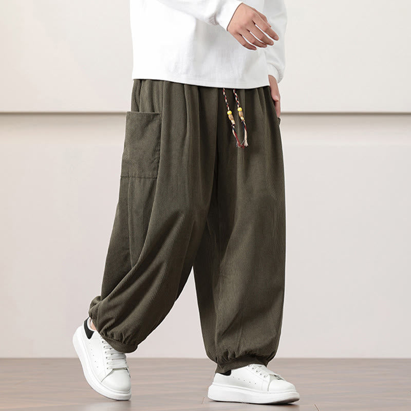 Solid Color Corduroy Drawstring Men's Harem Pants With Pockets