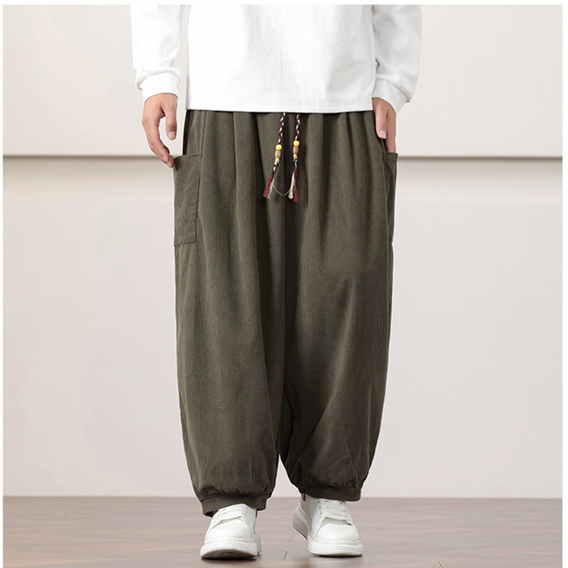 Solid Color Corduroy Drawstring Men's Harem Pants With Pockets