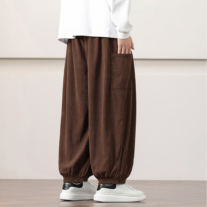 Solid Color Corduroy Drawstring Men's Harem Pants With Pockets