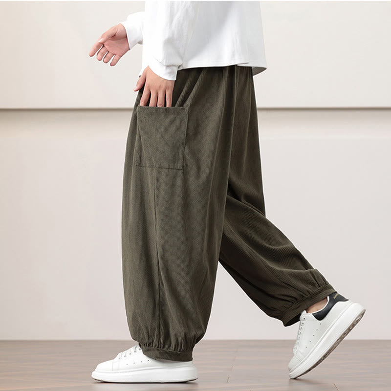 Solid Color Corduroy Drawstring Men's Harem Pants With Pockets