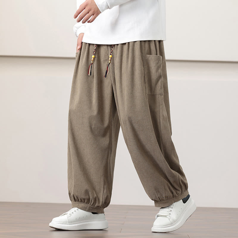 Solid Color Corduroy Drawstring Men's Harem Pants With Pockets