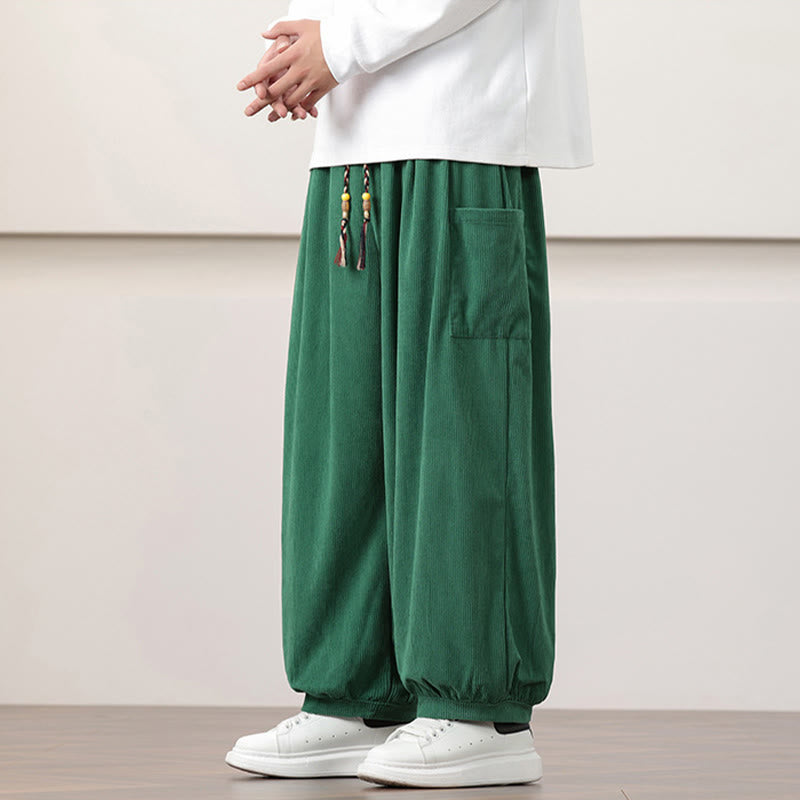 Solid Color Corduroy Drawstring Men's Harem Pants With Pockets