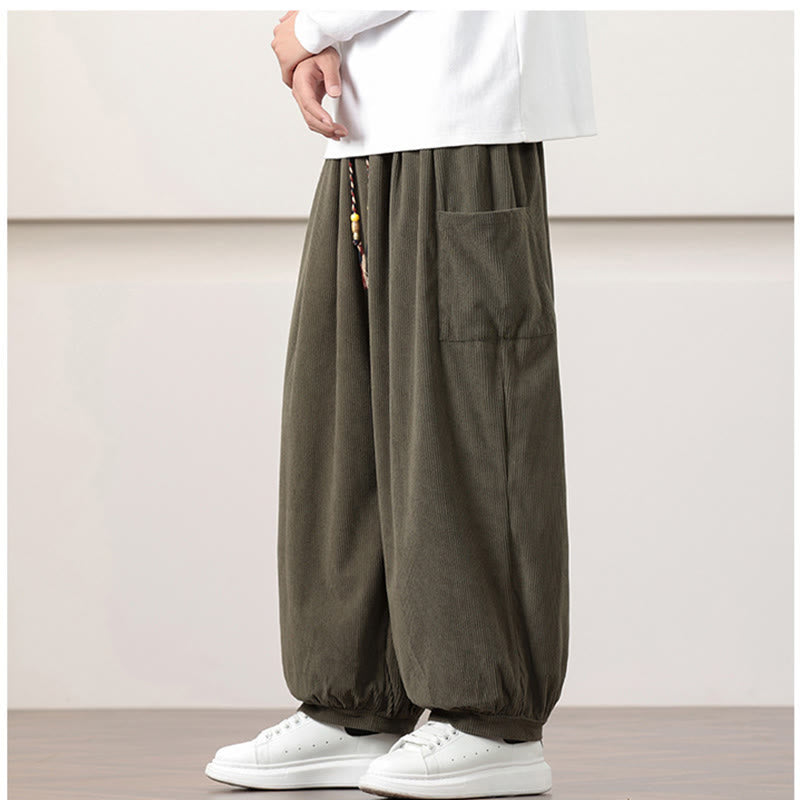 Solid Color Corduroy Drawstring Men's Harem Pants With Pockets