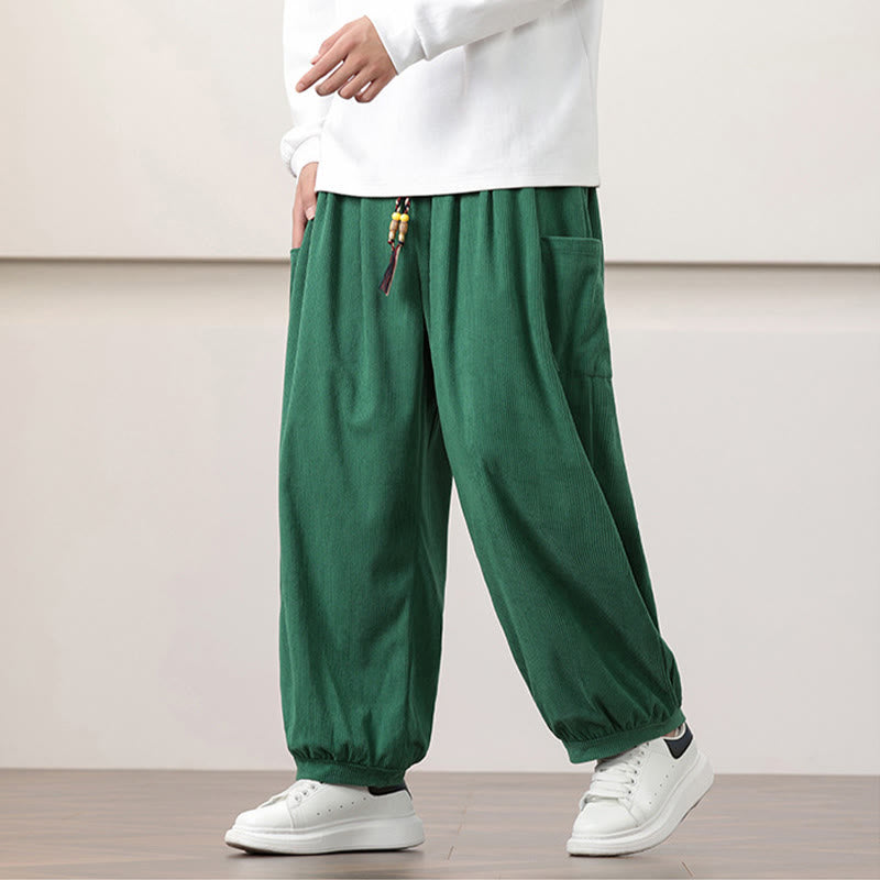 Solid Color Corduroy Drawstring Men's Harem Pants With Pockets