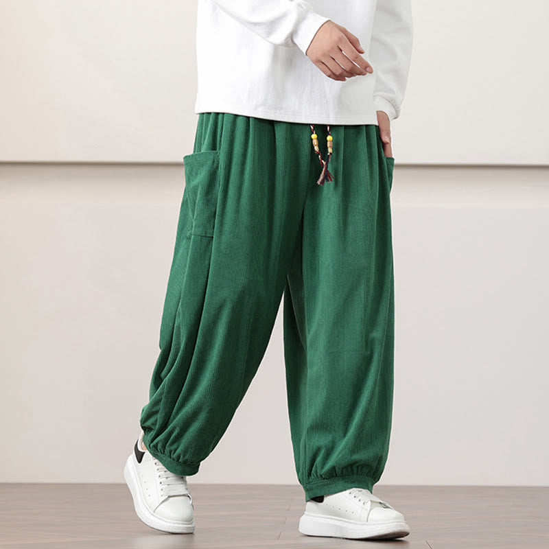 Solid Color Corduroy Drawstring Men's Harem Pants With Pockets