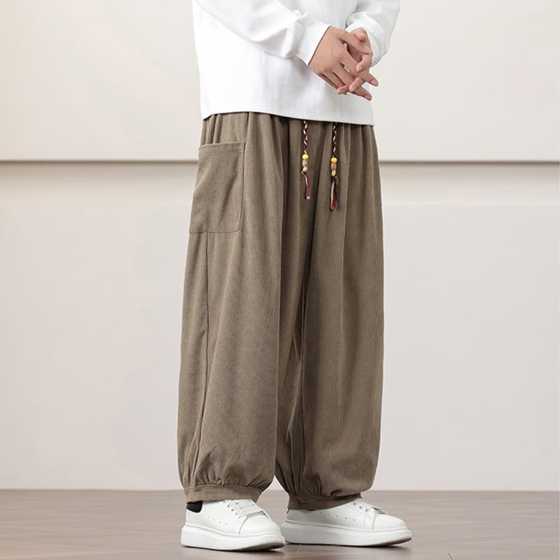 Solid Color Corduroy Drawstring Men's Harem Pants With Pockets