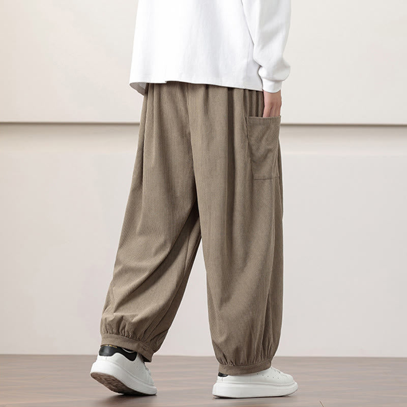 Solid Color Corduroy Drawstring Men's Harem Pants With Pockets
