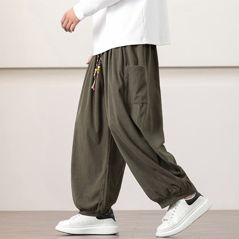 Solid Color Corduroy Drawstring Men's Harem Pants With Pockets
