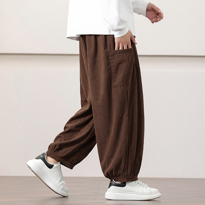 Solid Color Corduroy Drawstring Men's Harem Pants With Pockets