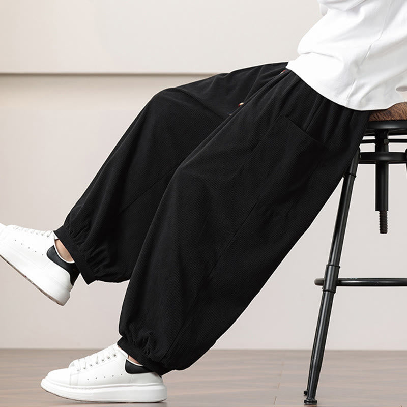 Solid Color Corduroy Drawstring Men's Harem Pants With Pockets