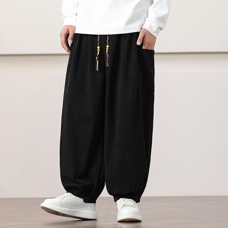 Solid Color Corduroy Drawstring Men's Harem Pants With Pockets