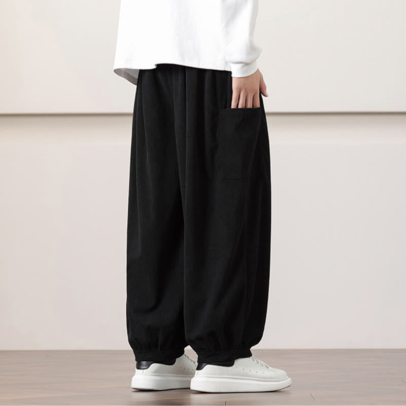 Solid Color Corduroy Drawstring Men's Harem Pants With Pockets