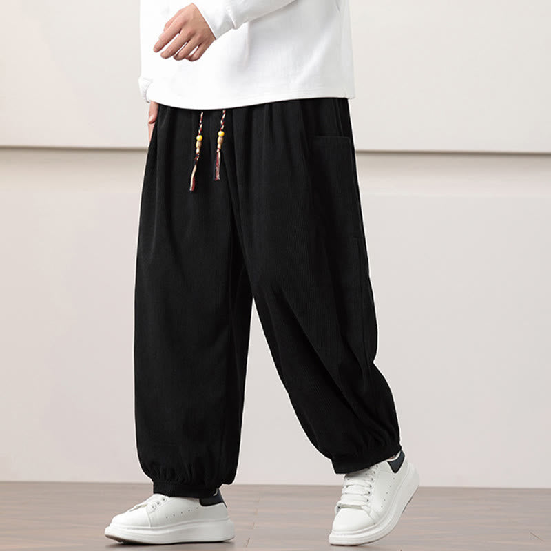 Solid Color Corduroy Drawstring Men's Harem Pants With Pockets