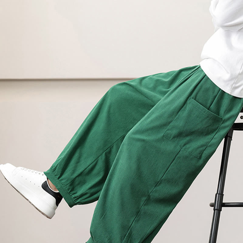 Solid Color Corduroy Drawstring Men's Harem Pants With Pockets
