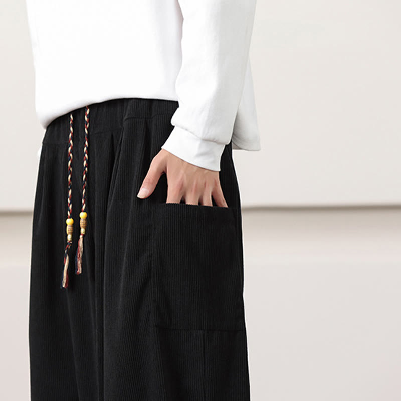 Solid Color Corduroy Drawstring Men's Harem Pants With Pockets
