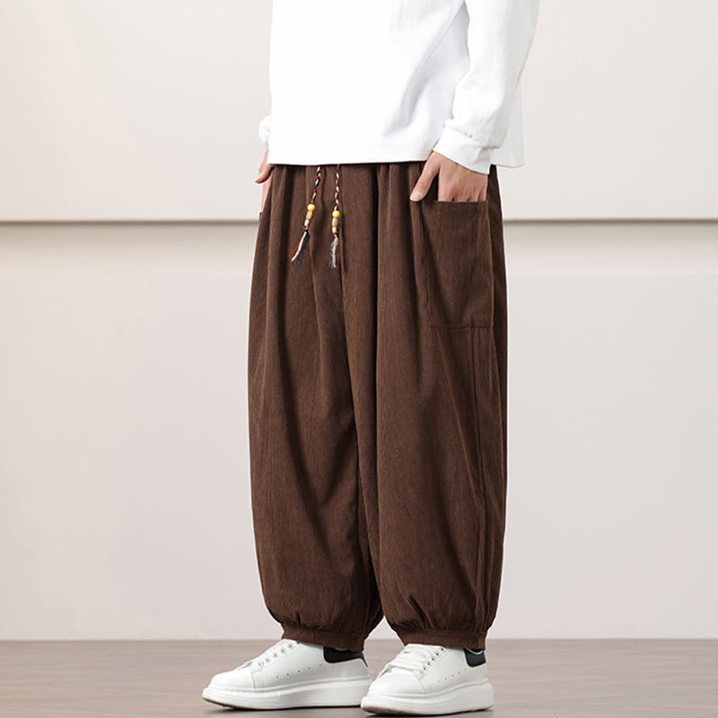Solid Color Corduroy Drawstring Men's Harem Pants With Pockets