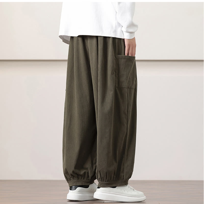 Solid Color Corduroy Drawstring Men's Harem Pants With Pockets