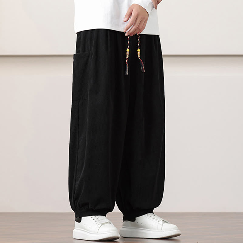 Solid Color Corduroy Drawstring Men's Harem Pants With Pockets