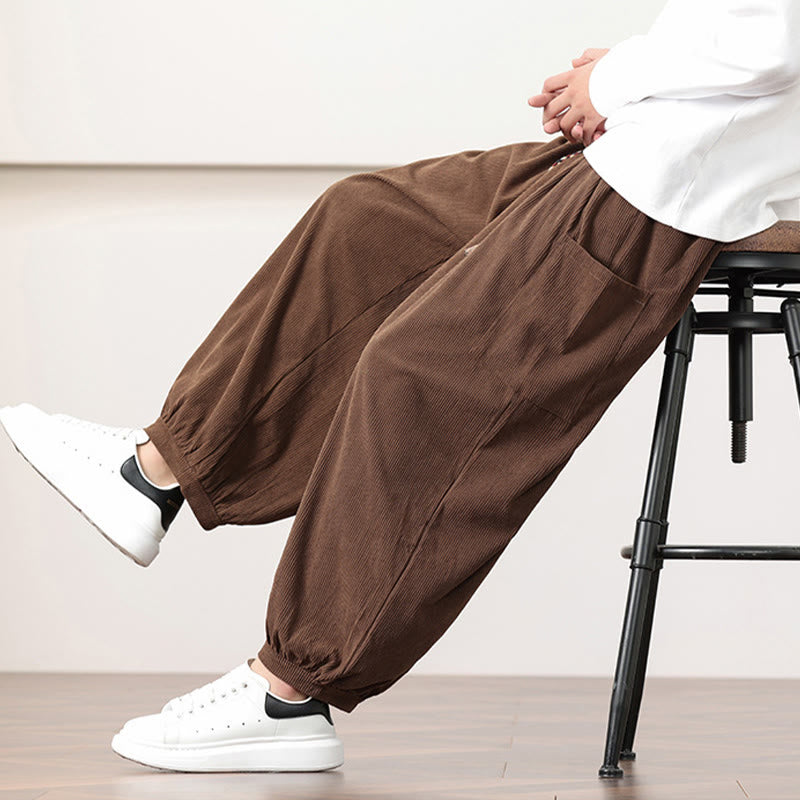 Solid Color Corduroy Drawstring Men's Harem Pants With Pockets