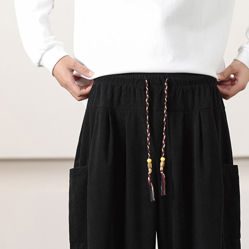 Solid Color Corduroy Drawstring Men's Harem Pants With Pockets
