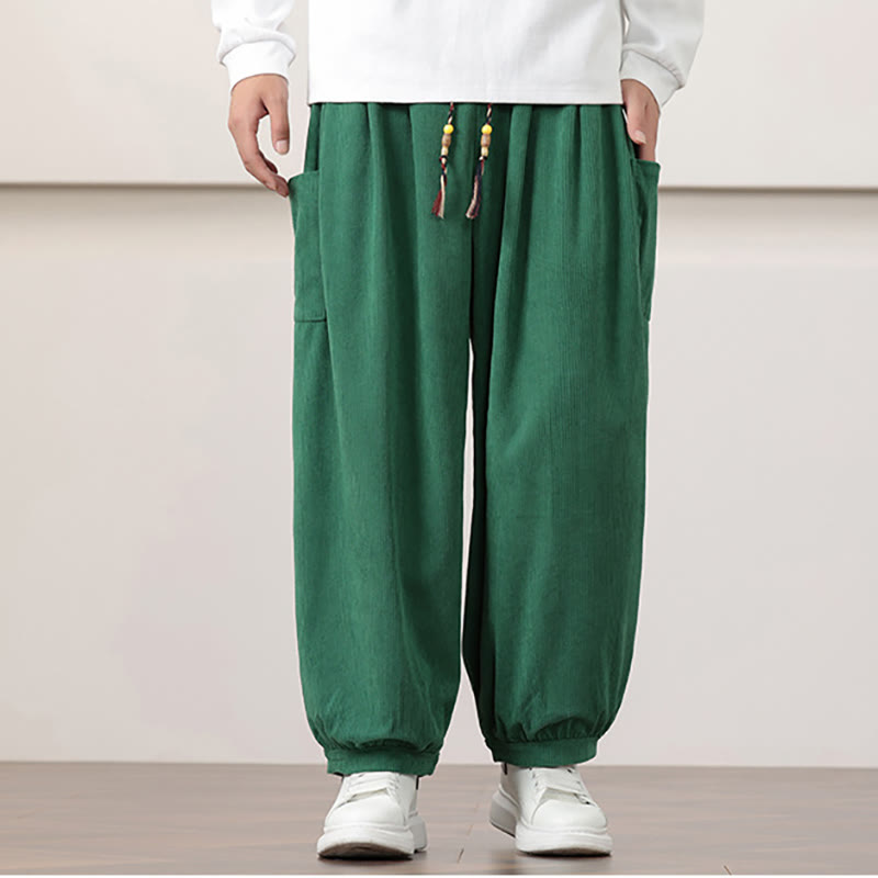 Solid Color Corduroy Drawstring Men's Harem Pants With Pockets