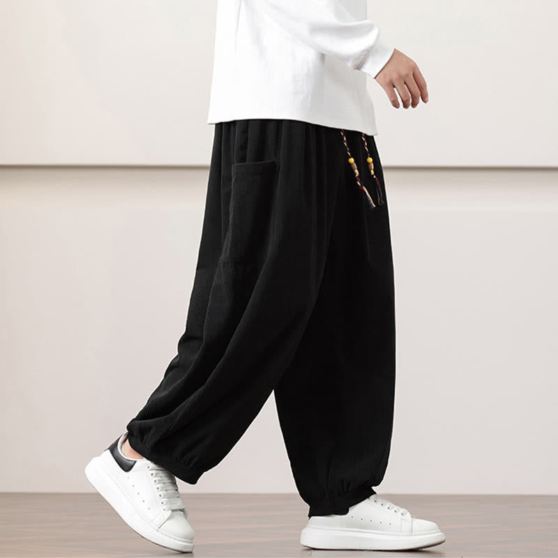 Solid Color Corduroy Drawstring Men's Harem Pants With Pockets