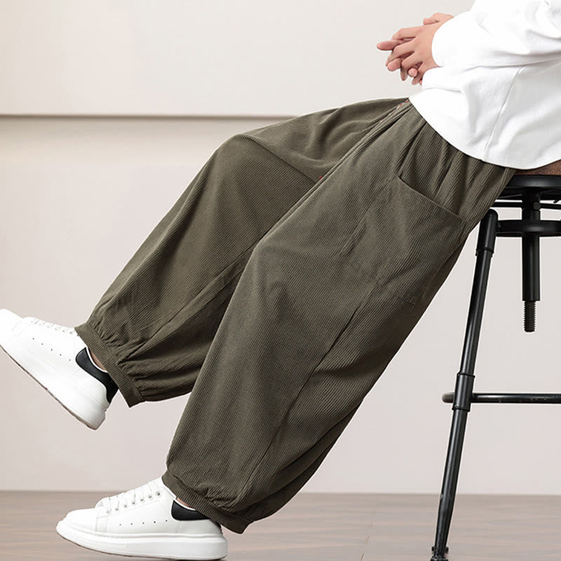 Solid Color Corduroy Drawstring Men's Harem Pants With Pockets
