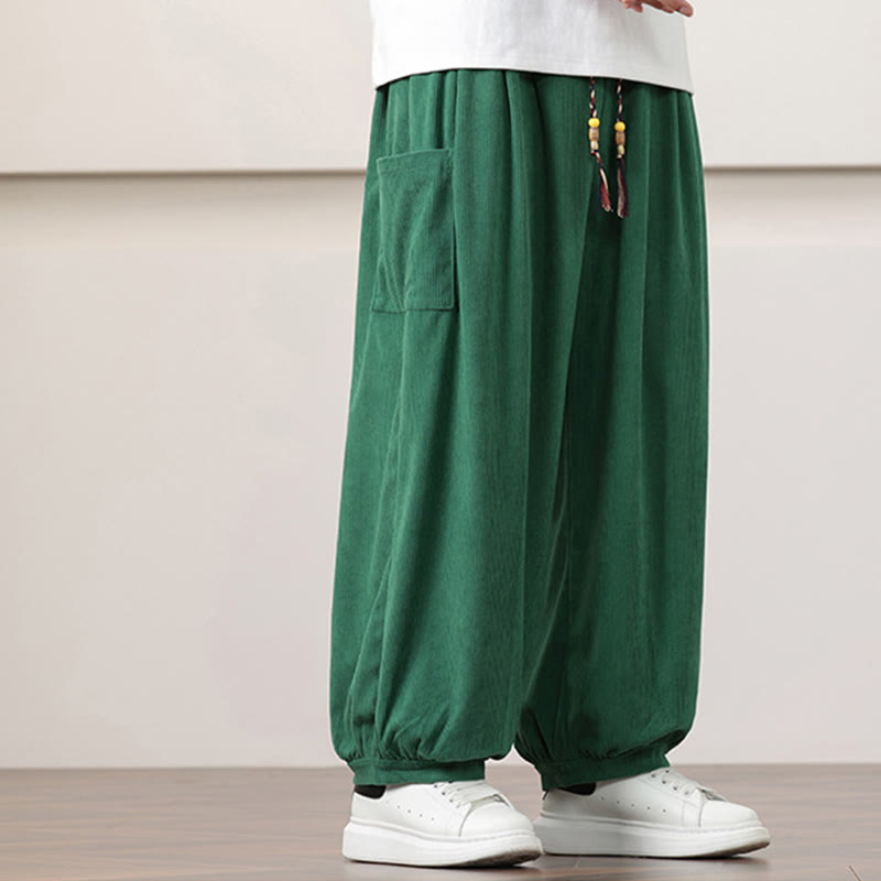 Solid Color Corduroy Drawstring Men's Harem Pants With Pockets