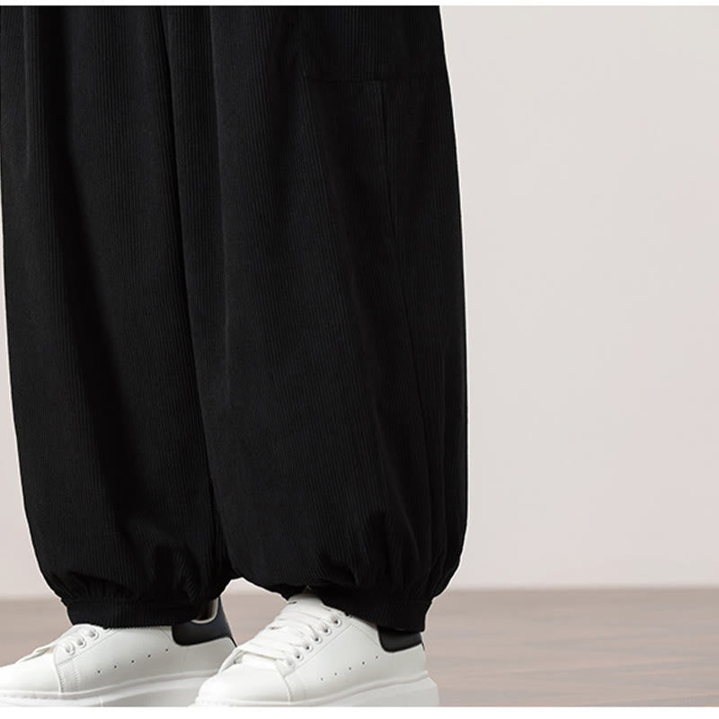 Solid Color Corduroy Drawstring Men's Harem Pants With Pockets