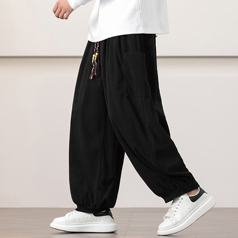 Solid Color Corduroy Drawstring Men's Harem Pants With Pockets