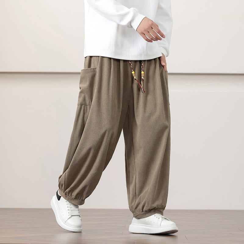 Solid Color Corduroy Drawstring Men's Harem Pants With Pockets