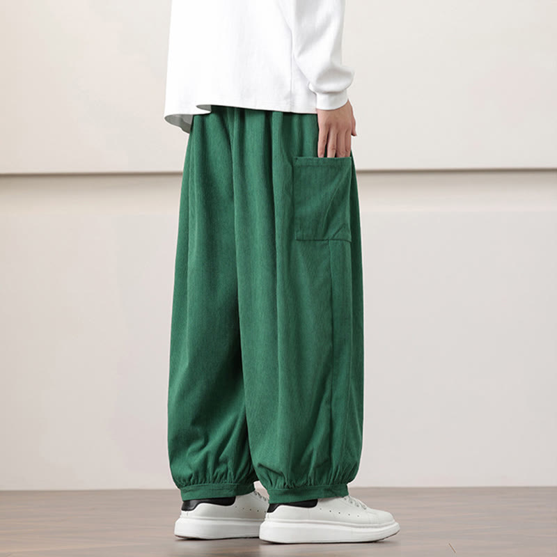 Solid Color Corduroy Drawstring Men's Harem Pants With Pockets