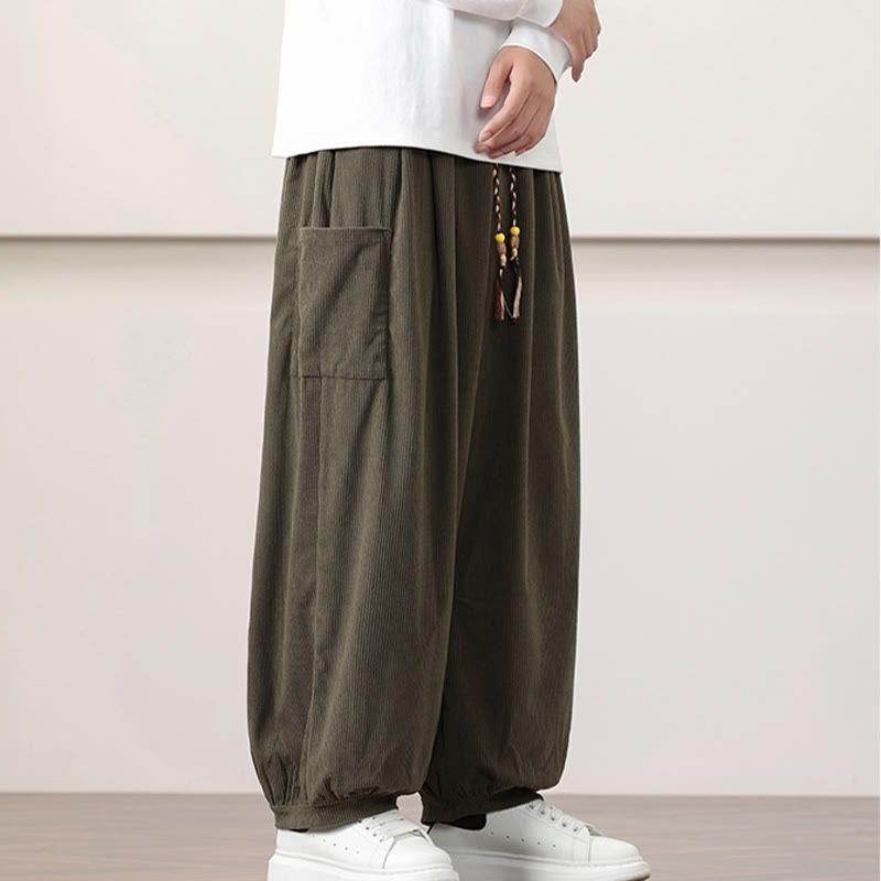 Solid Color Corduroy Drawstring Men's Harem Pants With Pockets