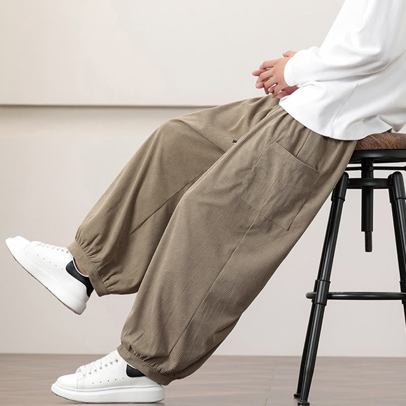 Solid Color Corduroy Drawstring Men's Harem Pants With Pockets