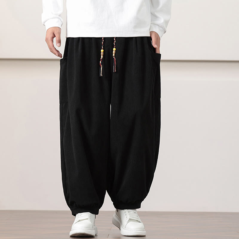Solid Color Corduroy Drawstring Men's Harem Pants With Pockets