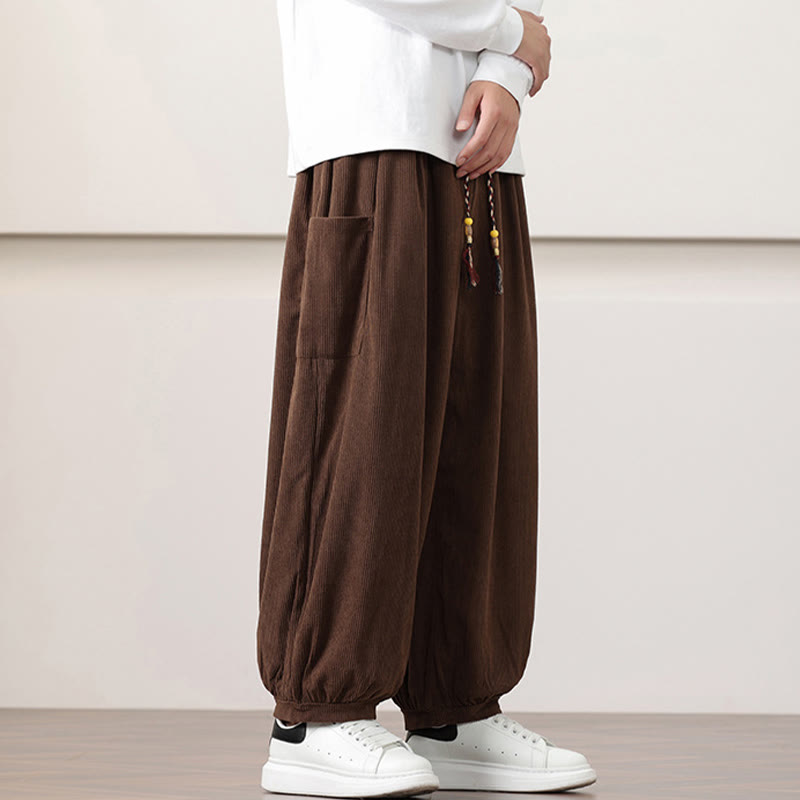 Solid Color Corduroy Drawstring Men's Harem Pants With Pockets