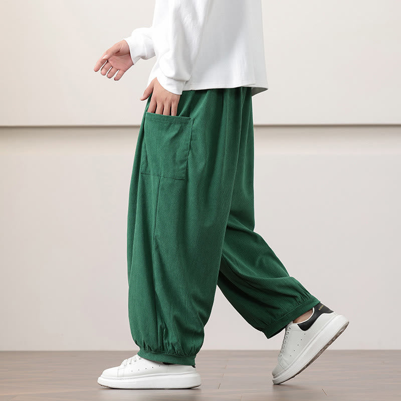 Solid Color Corduroy Drawstring Men's Harem Pants With Pockets
